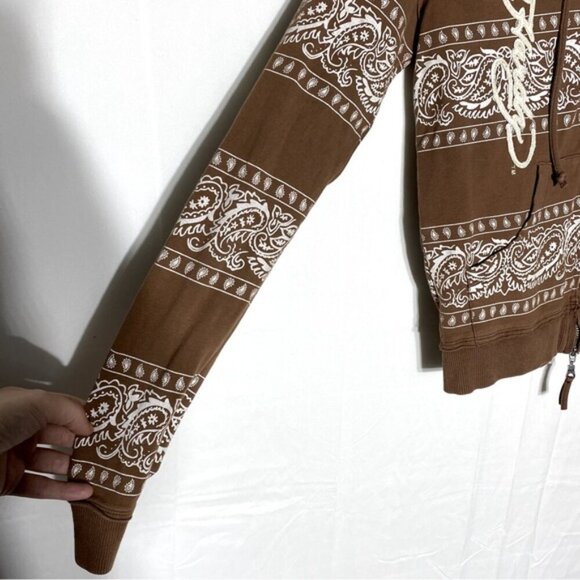 Vintage Y2K Ed Hardy Brown Cream Tiger Paisley Bandana Print Stripe Zip Hoodie M - Picture 11 of 15